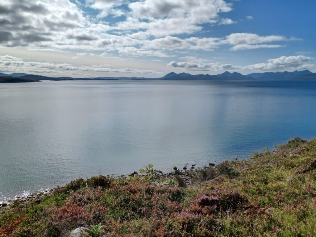 View from Applecross across calm sea towqards northern Skye
